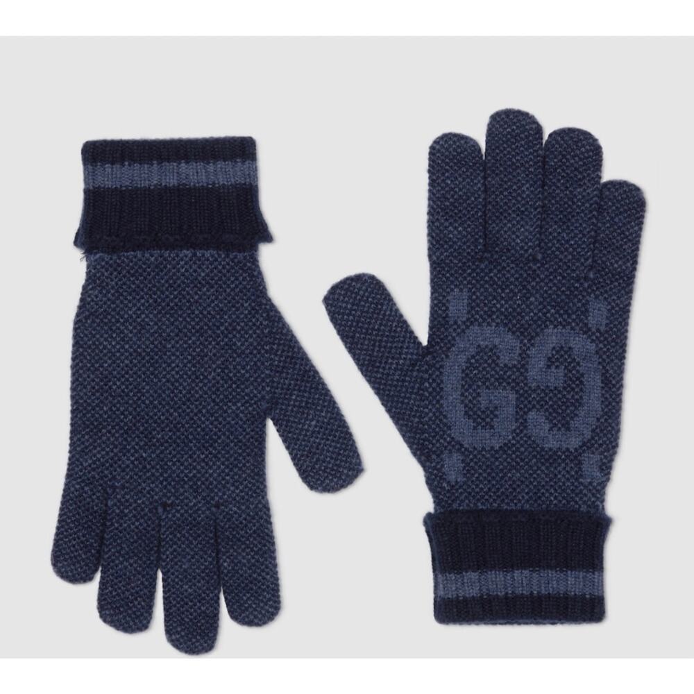 GUCCI Blue Logo-Jacquard Cashmere Gloves NWT size large